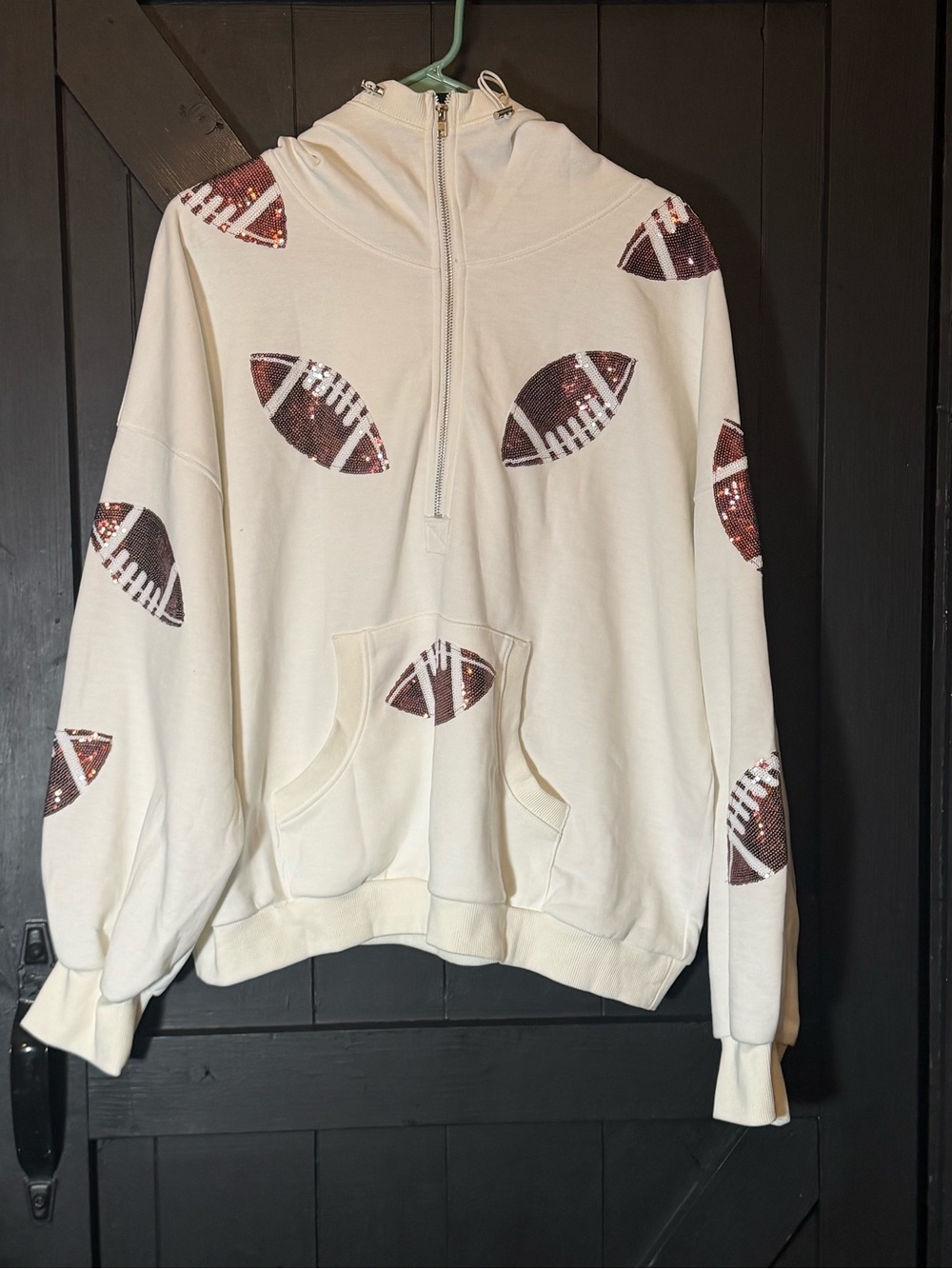 Cream Half-Zip Hoodie with Brown Sequin Football Appliqués